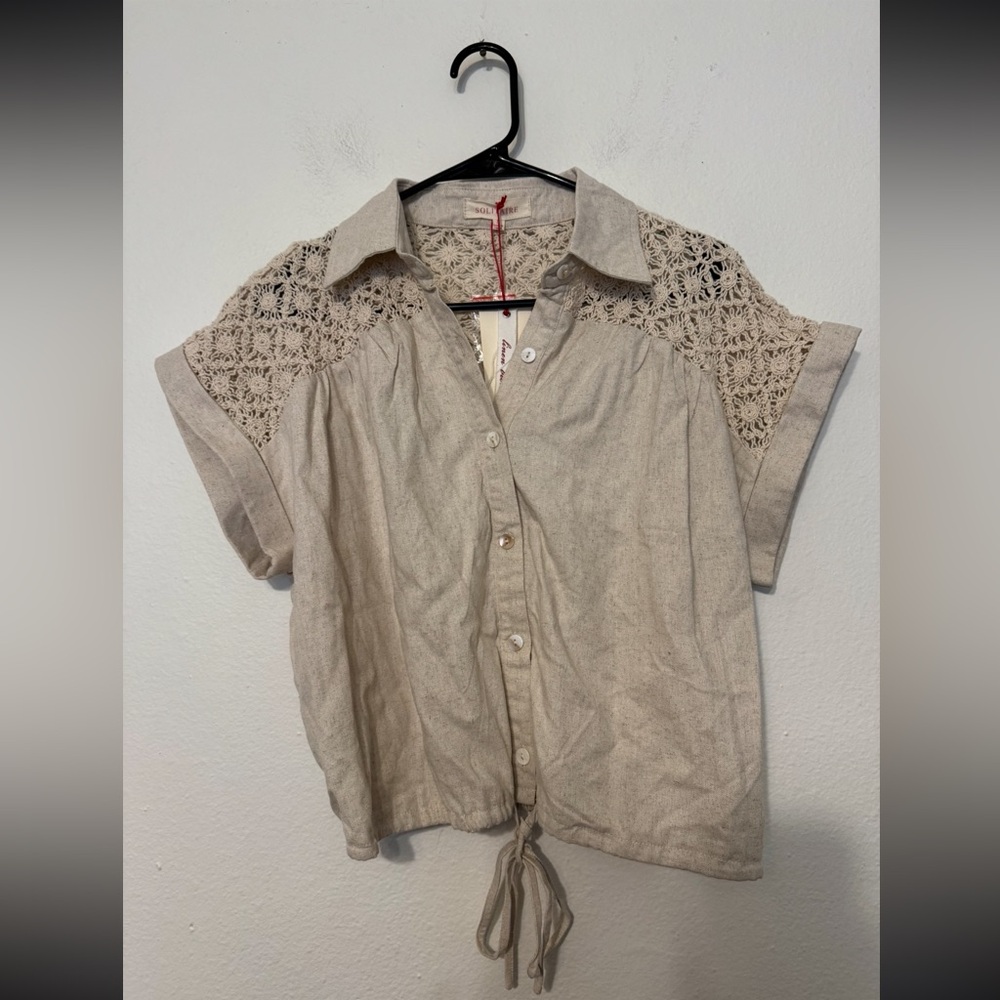 Solitaire Linen Blend Crochet Top Small NWT